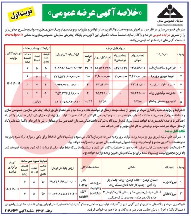 یک شرکت نفتی و چند نیروگاه دولتی از طریق مزایده به فروش میرسند یک شرکت نفتی و چند نیروگاه دولتی از طریق مزایده به فروش میرسند