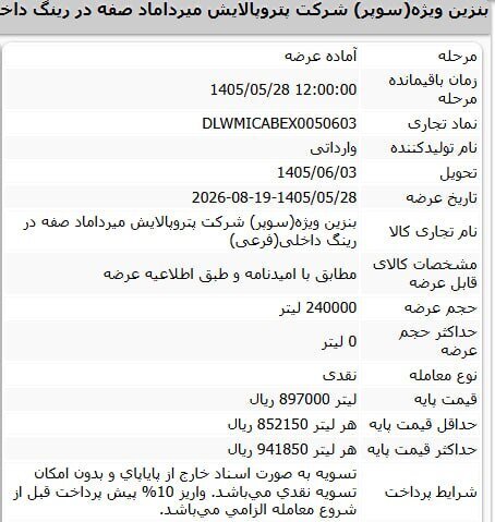 بنزین سوپر ۲۸ مرداد در بورس عرضه میشود بنزین سوپر ۲۸ مرداد در بورس عرضه میشود